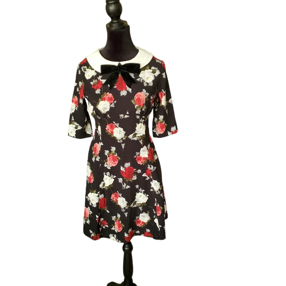 Hell Bunny Selma Mini Dress | collared floral dress w/bow| XS| EUC